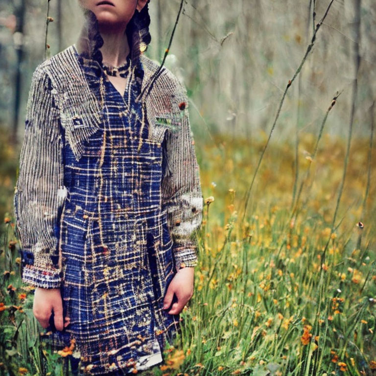 Plaid-coated child in field with yellow flowers and forest backdrop