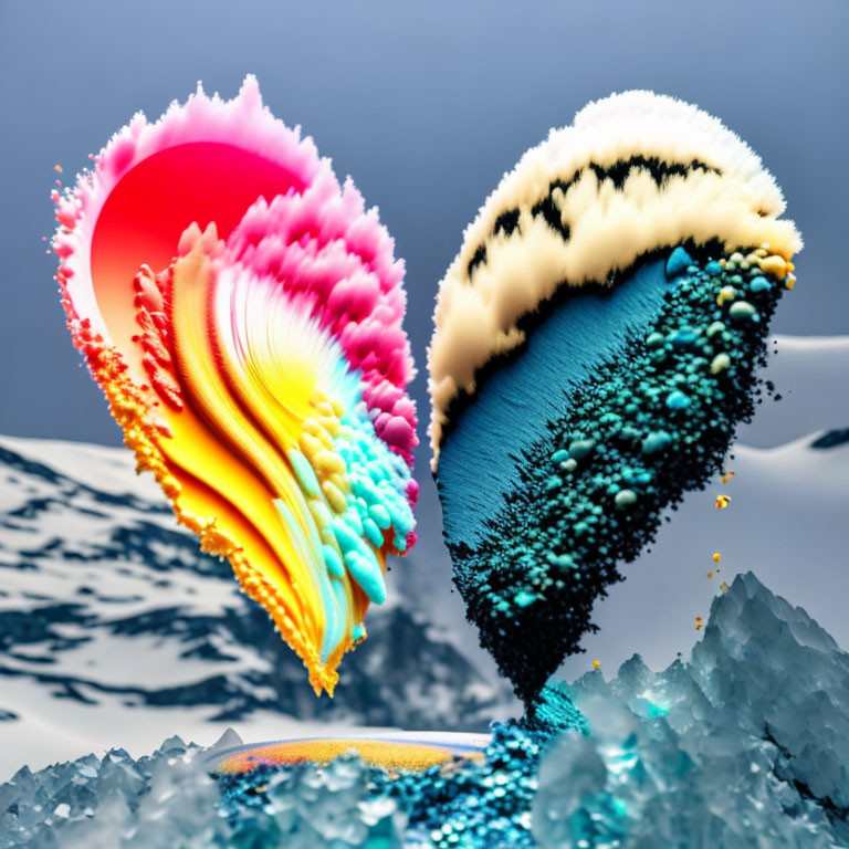 Colorful coral-like structures in icy landscape with pink, yellow, blue, and black hues