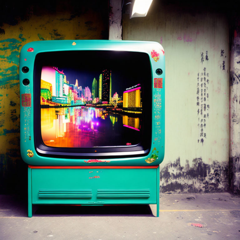 Vintage television showing vibrant cityscape against graffiti-covered wall