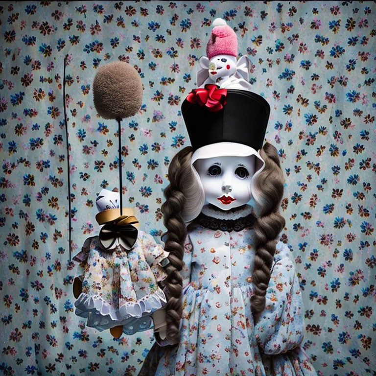 Surreal clown doll with smaller doll on head in floral setting