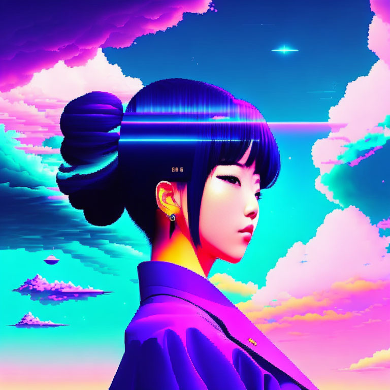 Colorful digital artwork of woman with futuristic visor under neon-lit sky