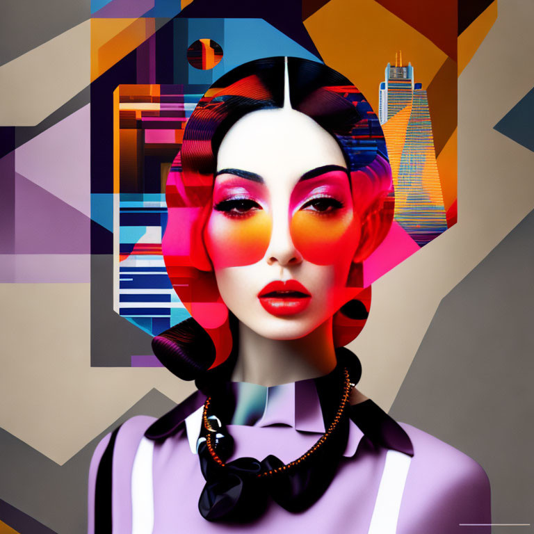 Vibrant geometric digital art portrait of stylized woman with bold makeup and cityscape elements.