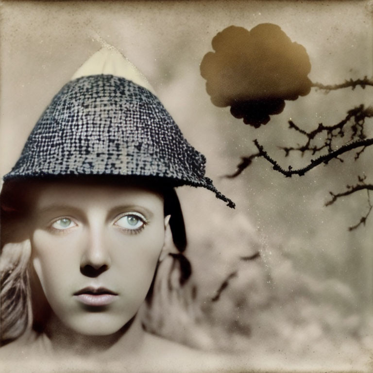 Captivating vintage-style portrait of a woman in tweed hat with sepia-toned dreamlike backdrop