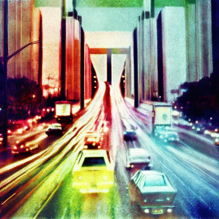 Colorful city bridge traffic scene with exaggerated light trails.