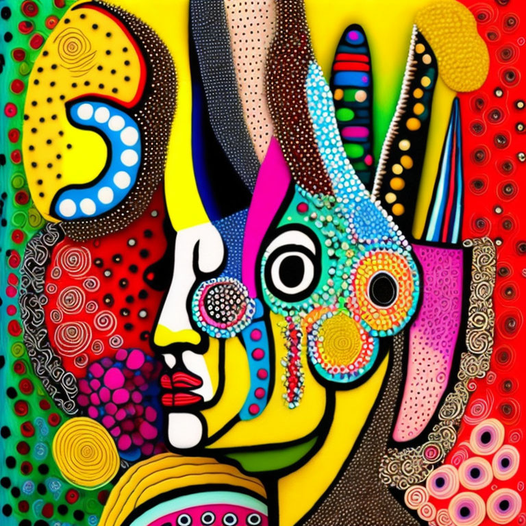 Colorful Abstract Painting with Stylized Face in Vibrant Background