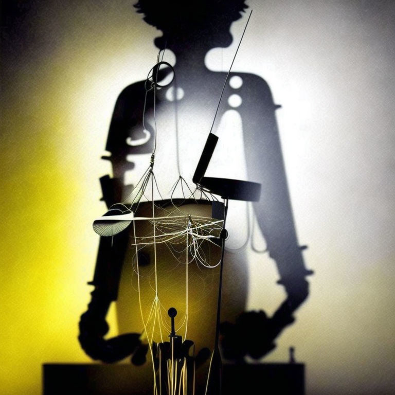 Silhouette of Humanoid Figure on Yellow Background with Everyday Objects