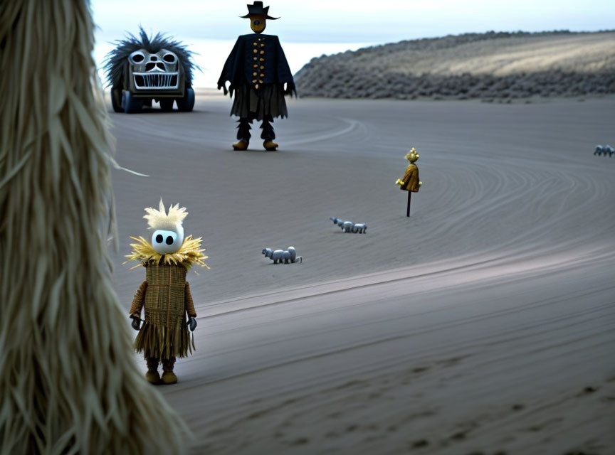 Whimsical 3D animation scene with quirky characters on desert landscape