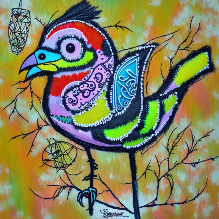 Colorful Stylized Bird Painting on Branch with Textured Background