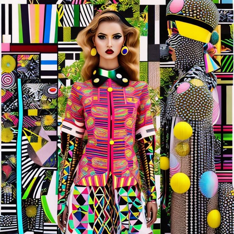 Stylized models in bold makeup and vibrant outfits on abstract geometric background