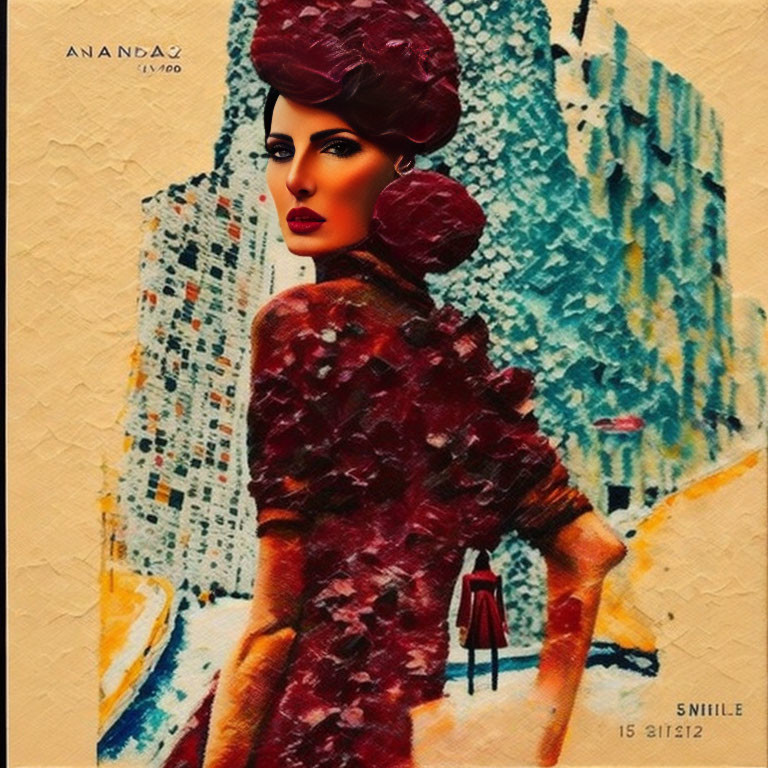 Stylized portrait of woman with red updo and crimson outfit against abstract cityscape.