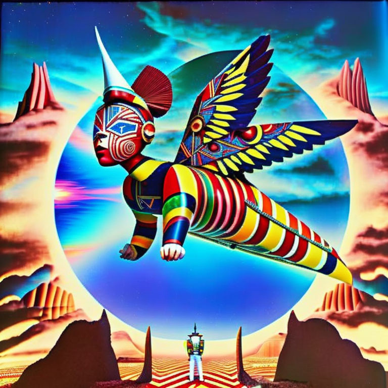 Colorful surreal artwork: winged humanoid, small character, giant sun in psychedelic landscapes