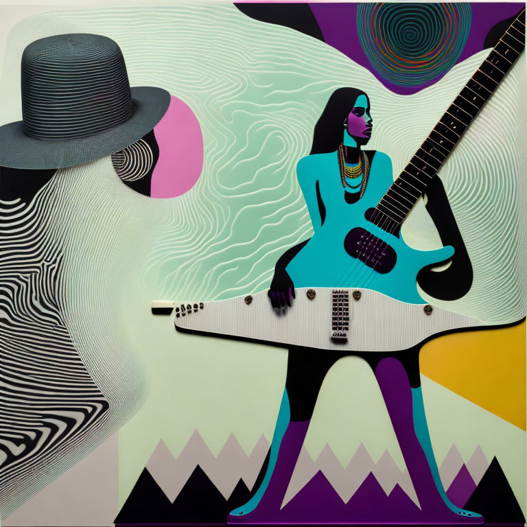 Colorful Guitar Player Artwork with Vibrant Patterns