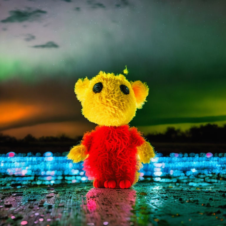 Plush Yellow and Red Toy in Starry Night with Vibrant Lights