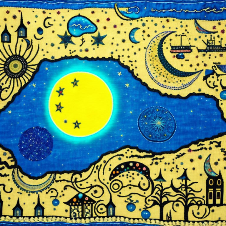 Celestial Scene Illustration with Sun, Moon, Stars, Planets