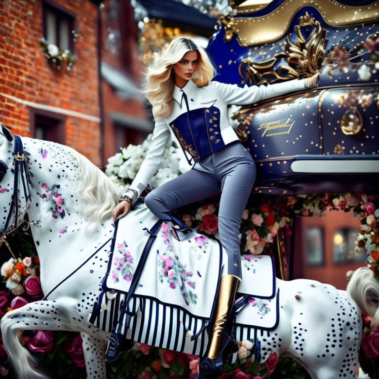 Elegant woman in equestrian attire on white horse next to floral carriage