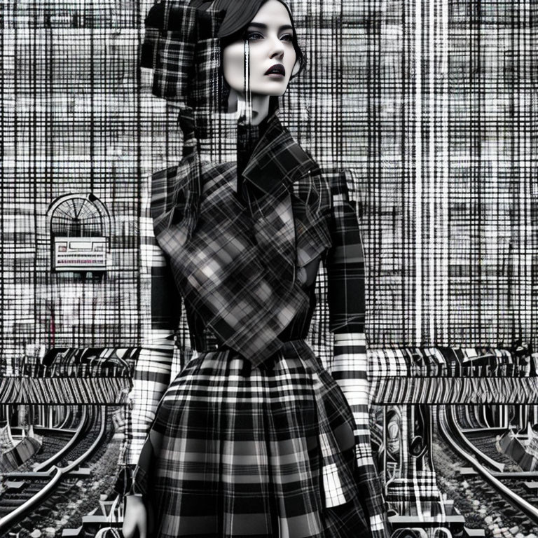 Monochrome digital artwork of stylized woman in plaid attire on train tracks