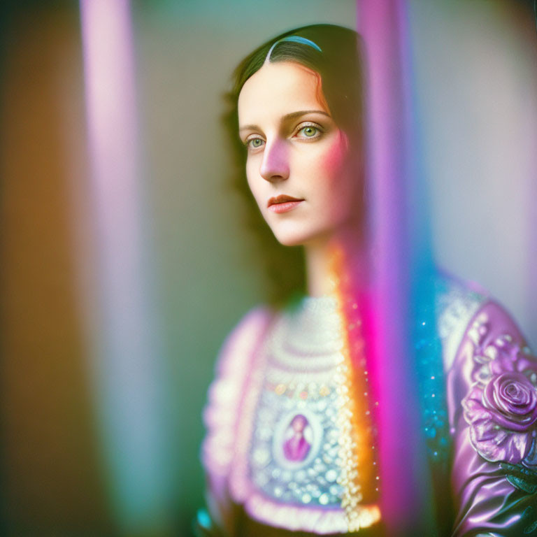 Serene woman in ornate outfit with dark hair and neon lights