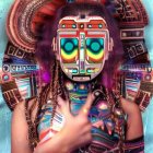 Vibrant portrait with tribal mask-inspired digital face alteration