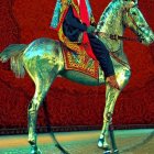 Traditional Attire Rider on White Horse Against Red Background