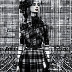 Monochrome digital artwork of stylized woman in plaid attire on train tracks