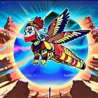 Colorful surreal artwork: winged humanoid, small character, giant sun in psychedelic landscapes