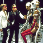 Men in suits and sunglasses with futuristic female robot in sci-fi setting