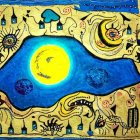 Celestial Scene Illustration with Sun, Moon, Stars, Planets