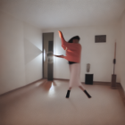 Person in red top swinging baseball bat at night with starry sky and road sign.