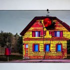 Vibrant yellow house with colorful flowers under polka-dotted sky