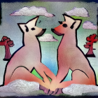 Stylized pink-hued foxes on circuit board backdrop