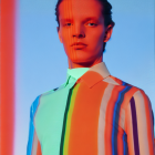 Contemplative person in colorful outfit against red-orange backdrop with unique makeup.