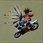 Motorcyclist in mid-air with colorful feathers and flowers trailing behind