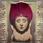 Stylized portrait of woman with pink and gold headdress