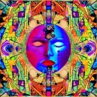 Symmetrical artwork featuring central blue face amid colorful patterns and spiritual symbols.