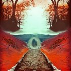 Person walking on rug path towards mountain range in surreal forest scene