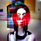 Vibrant geometric digital art portrait of stylized woman with bold makeup and cityscape elements.