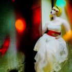 Detailed White Porcelain Statue of Classical Woman with Blurred Colorful Background