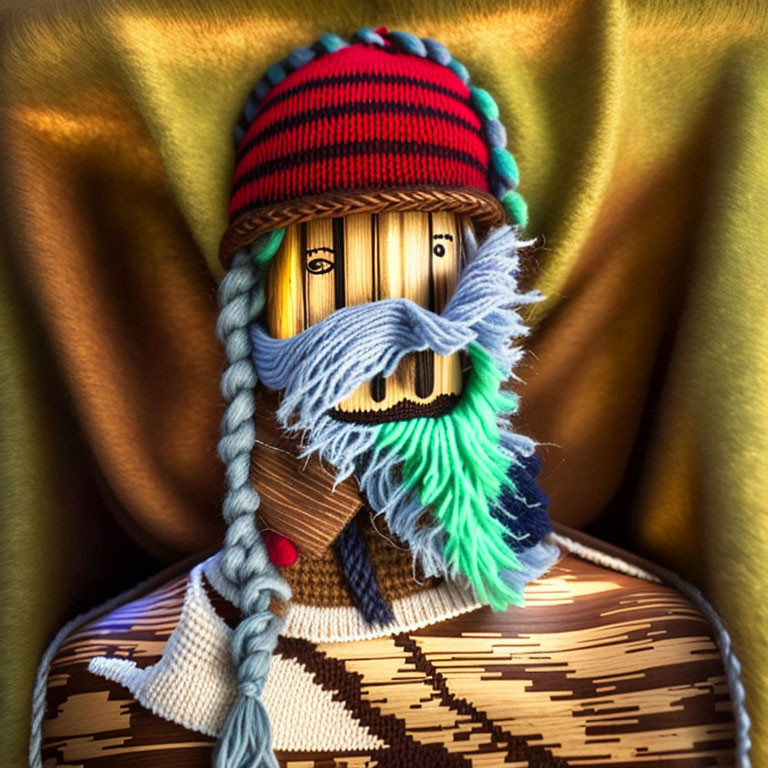 Colorful Knit Hat and Teal Beard on Whimsical Figure with Bamboo Hair