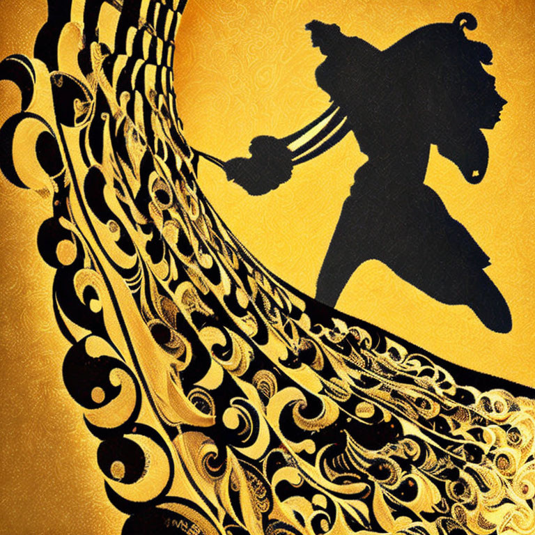 Silhouetted figure on ornate golden background