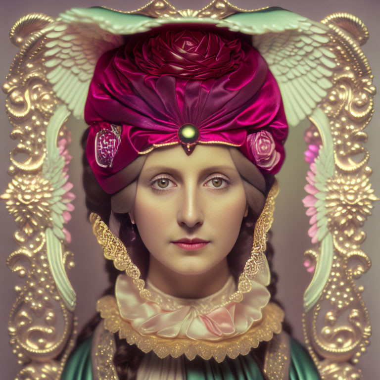 Stylized portrait of woman with pink and gold headdress