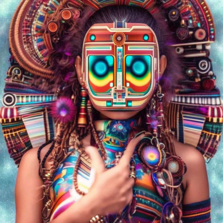 Vibrant portrait with tribal mask-inspired digital face alteration