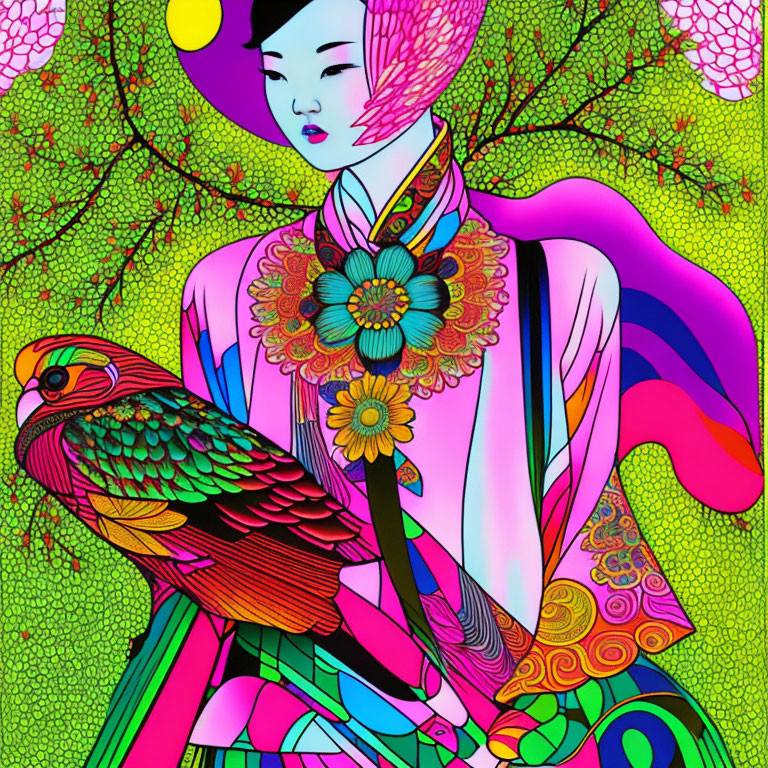 Colorful illustration of person with bird in psychedelic nature scene