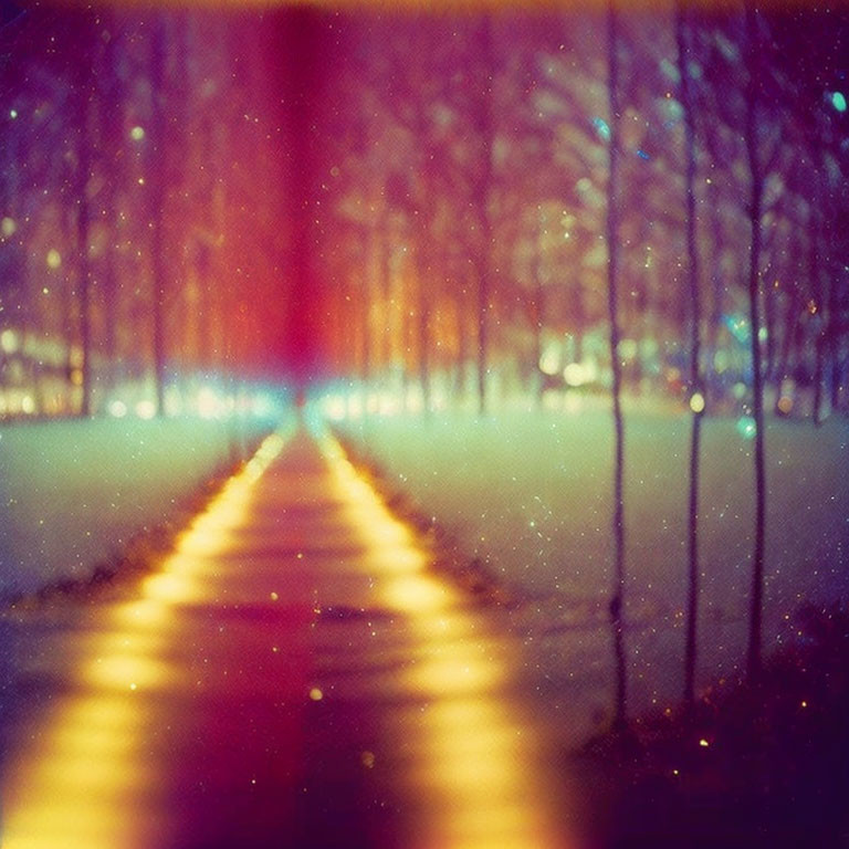 Blurred tree-lined path with mystical bokeh light effect