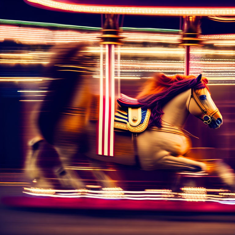 Carousel Horse Photo with Motion Blur and Bright Lights