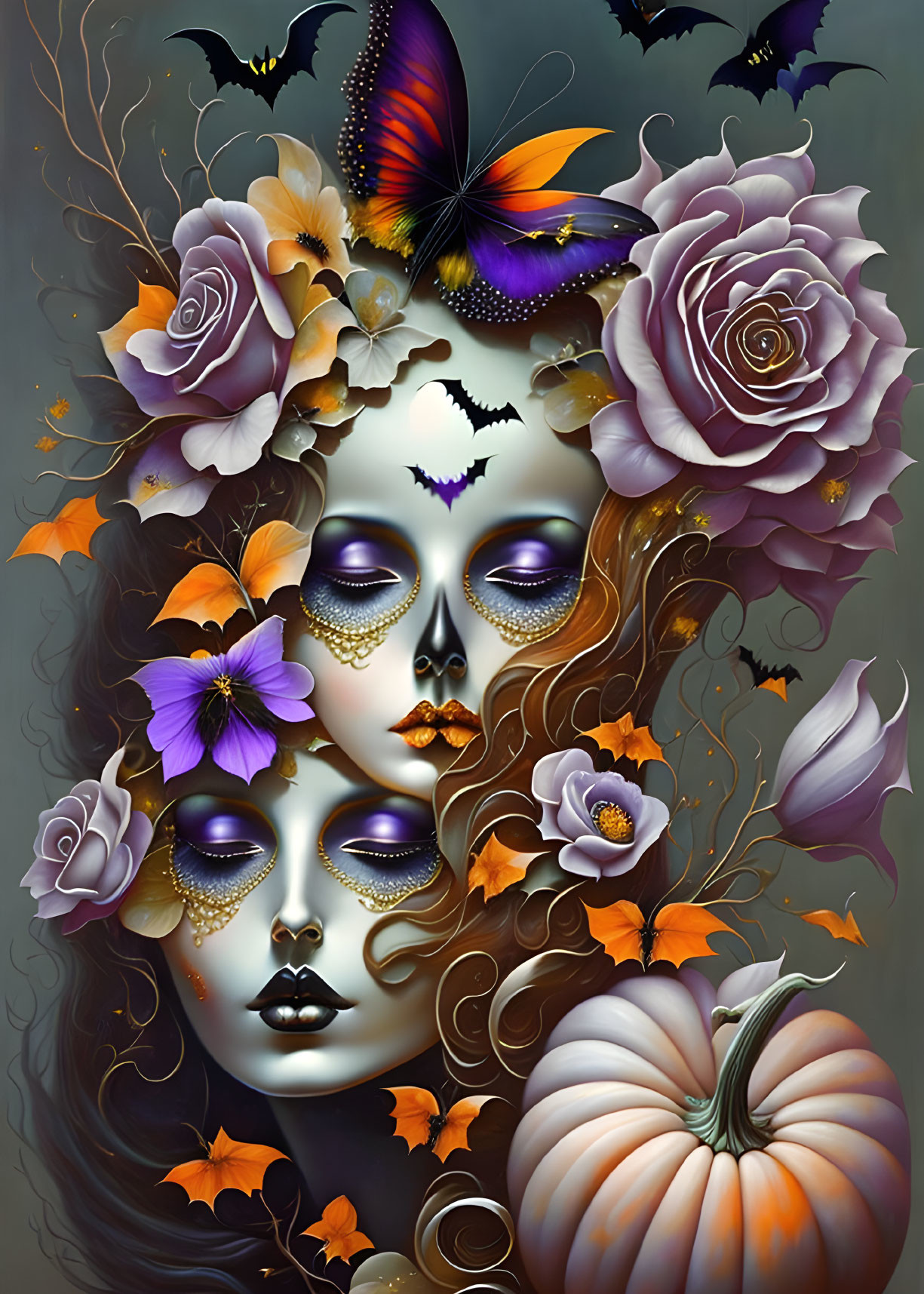 Portrait with Purple and Orange Flowers, Butterflies, and Pumpkin