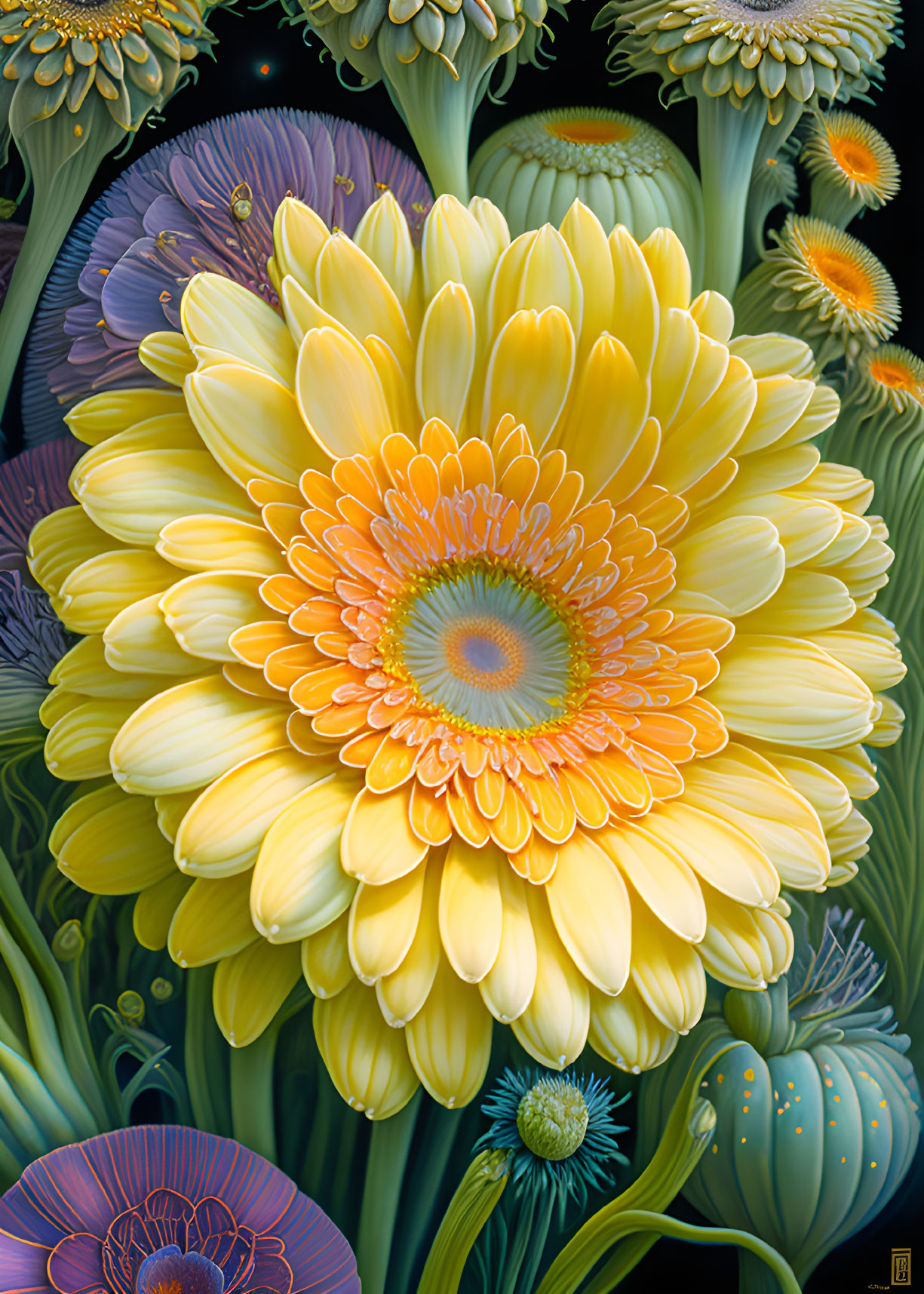 Colorful Digital Painting of Yellow Gerbera Daisy and Stylized Flowers