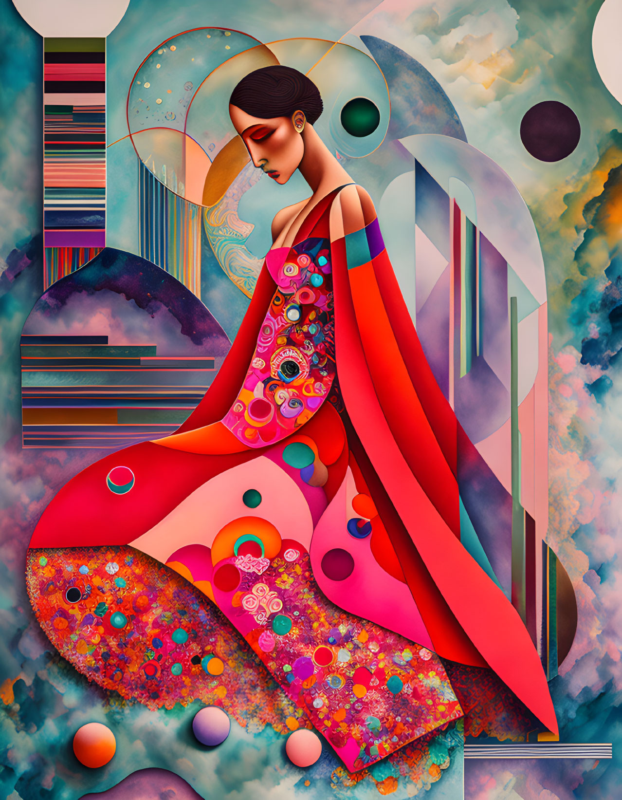 Vibrant illustration of woman in patterned dress with abstract cosmic backdrop