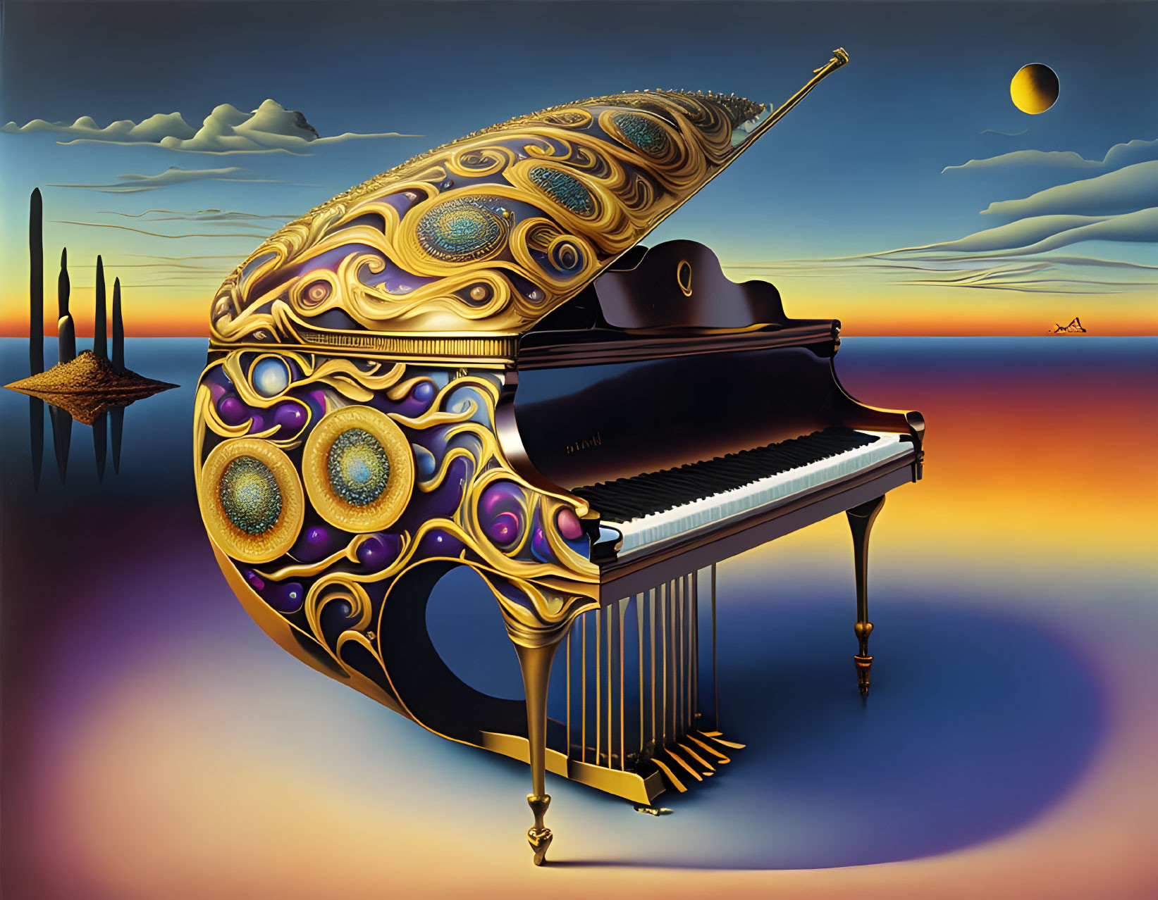 Surreal artwork: grand piano with ornate shell lid, ocean sunset, floating islands, distant