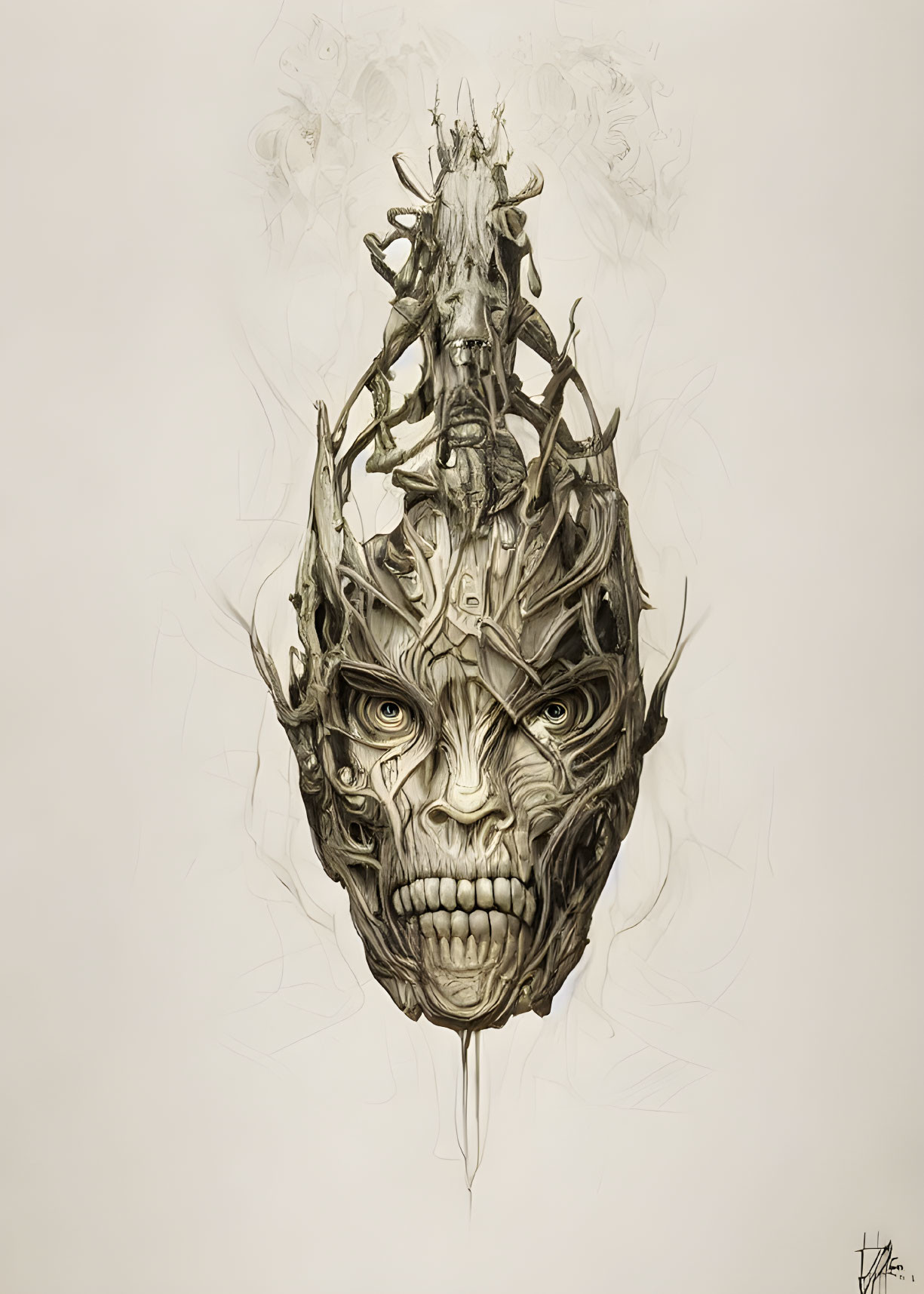 Symmetrical menacing mask with horns and intricate details on beige background