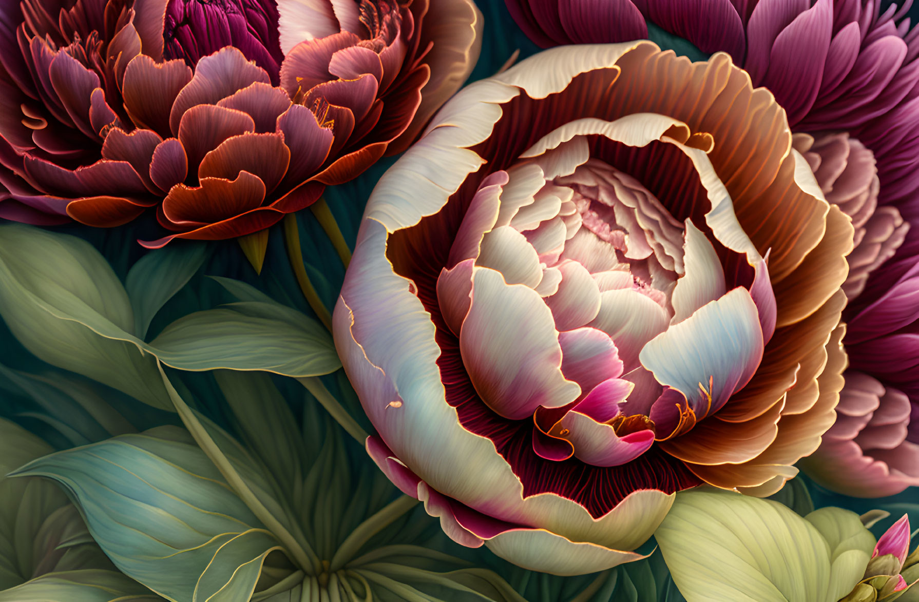 Colorful Peonies Illustration Against Dark Green Foliage